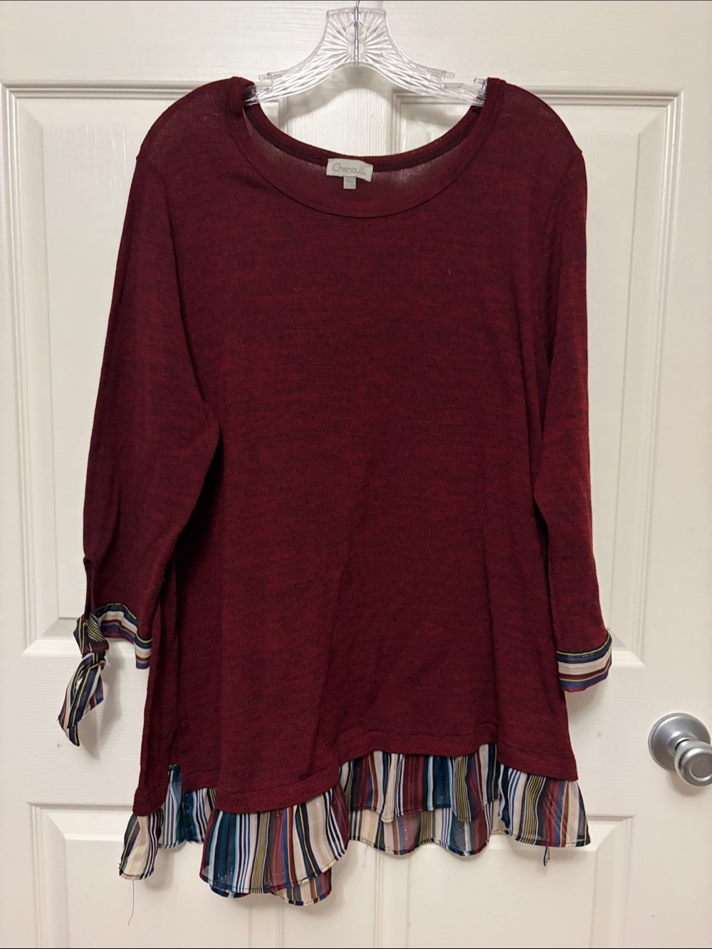 Chenault Burgundy Tunic with Striped Hem and Cuffs